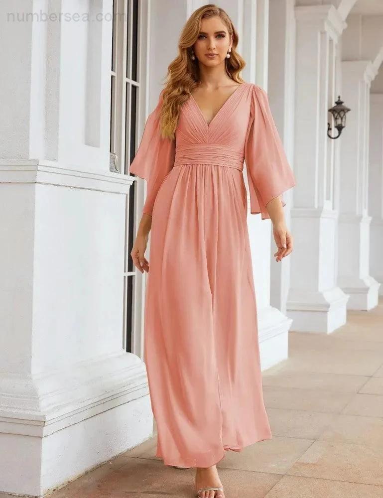 Numbersea Chiffon Bridesmaid Dresses with Split for Women Wedding Long Party Prom Gown Flutter Sleeve SEA28045