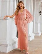 Numbersea Chiffon Bridesmaid Dresses with Split for Women Wedding Long Party Prom Gown Flutter Sleeve SEA28045