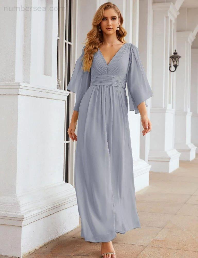 Numbersea Chiffon Bridesmaid Dresses with Split for Women Wedding Long Party Prom Gown Flutter Sleeve SEA28045