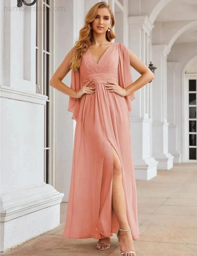 Numbersea Chiffon Bridesmaid Dresses with Split for Women Wedding Long Party Prom Gown Flutter Sleeve SEA28045