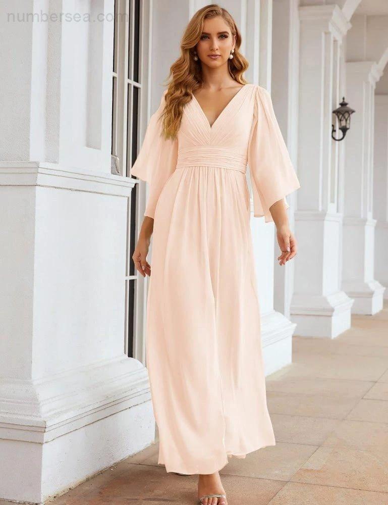 Numbersea Chiffon Bridesmaid Dresses with Split for Women Wedding Long Party Prom Gown Flutter Sleeve SEA28045