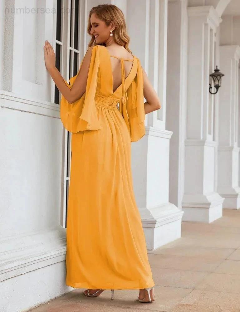 Numbersea Chiffon Bridesmaid Dresses with Split for Women Wedding Long Party Prom Gown Flutter Sleeve SEA28045