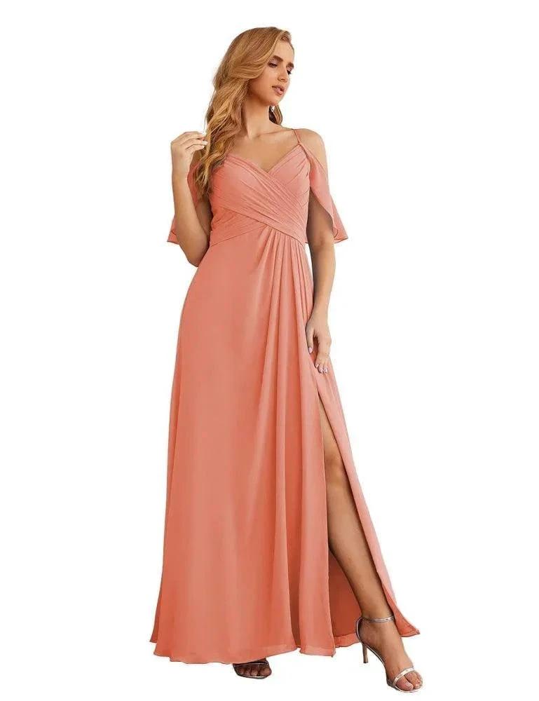 Numbersea Chiffon Cold Shoulder Long Bridesmaid Dresses Plus Size Formal Prom Gowns for Women Party Wedding  SEA28070