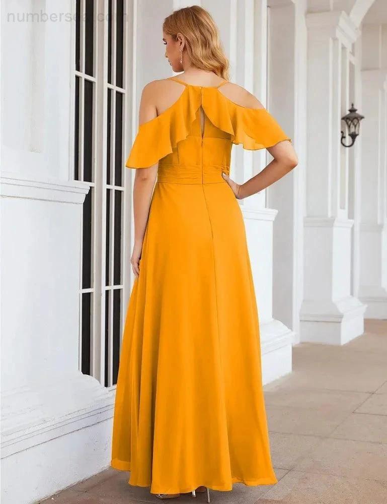 Numbersea Chiffon Cold Shoulder Long Bridesmaid Dresses Plus Size Formal Prom Gowns for Women Party Wedding  SEA28070