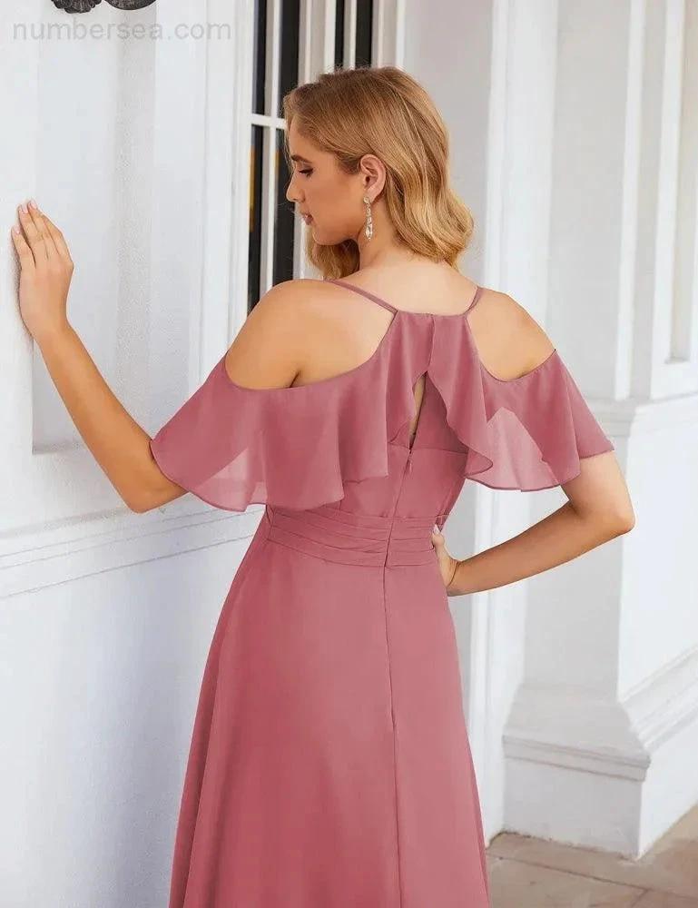 Numbersea Chiffon Cold Shoulder Long Bridesmaid Dresses Plus Size Formal Prom Gowns for Women Party Wedding  SEA28070