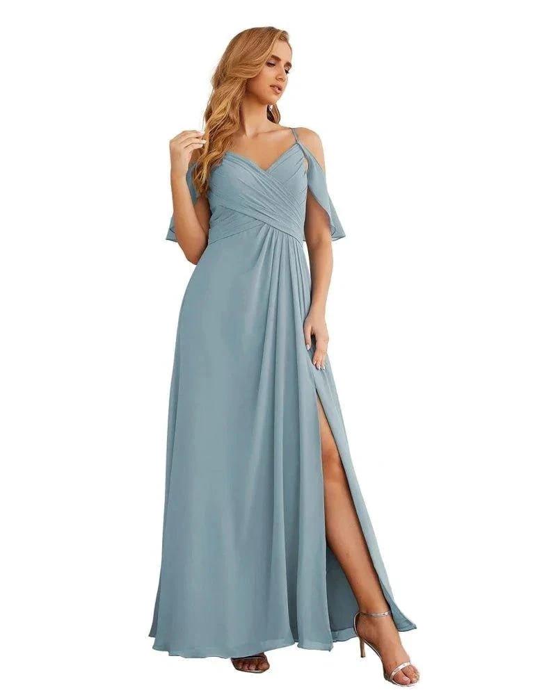 Numbersea Chiffon Cold Shoulder Long Bridesmaid Dresses Plus Size Formal Prom Gowns for Women Party Wedding  SEA28070