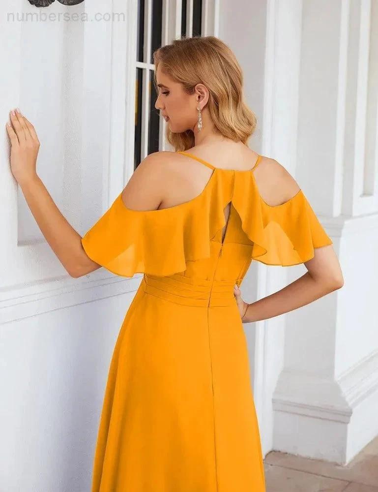 Numbersea Chiffon Cold Shoulder Long Bridesmaid Dresses Plus Size Formal Prom Gowns for Women Party Wedding  SEA28070