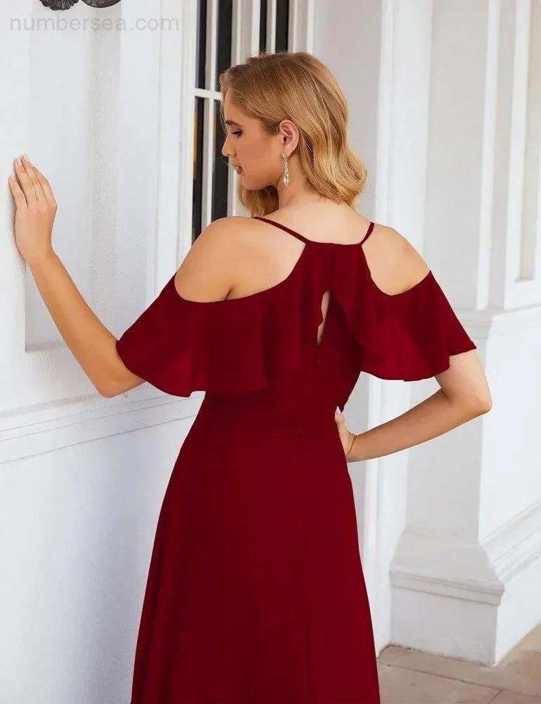 Numbersea Chiffon Cold Shoulder Long Bridesmaid Dresses Plus Size Formal Prom Gowns for Women Party Wedding  SEA28070