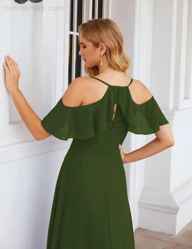 Numbersea Chiffon Cold Shoulder Long Bridesmaid Dresses Plus Size Formal Prom Gowns for Women Party Wedding  SEA28070
