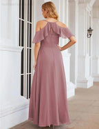Numbersea Chiffon Cold Shoulder Long Bridesmaid Dresses Plus Size Formal Prom Gowns for Women Party Wedding  SEA28070