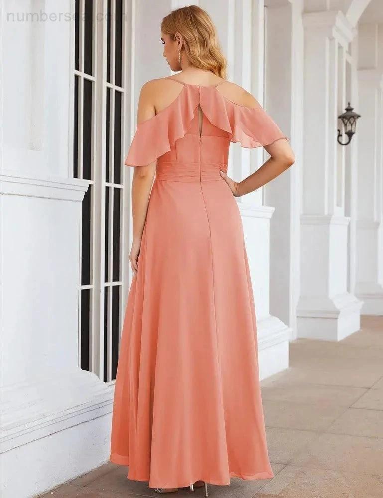 Numbersea Chiffon Cold Shoulder Long Bridesmaid Dresses Plus Size Formal Prom Gowns for Women Party Wedding  SEA28070