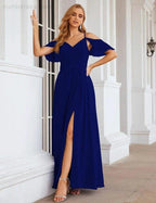 Numbersea Chiffon Cold Shoulder Long Bridesmaid Dresses Plus Size Formal Prom Gowns for Women Party Wedding  SEA28070