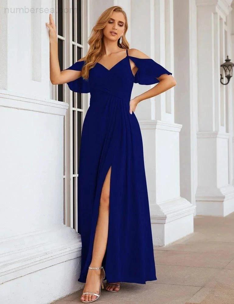 Numbersea Chiffon Cold Shoulder Long Bridesmaid Dresses Plus Size Formal Prom Gowns for Women Party Wedding  SEA28070