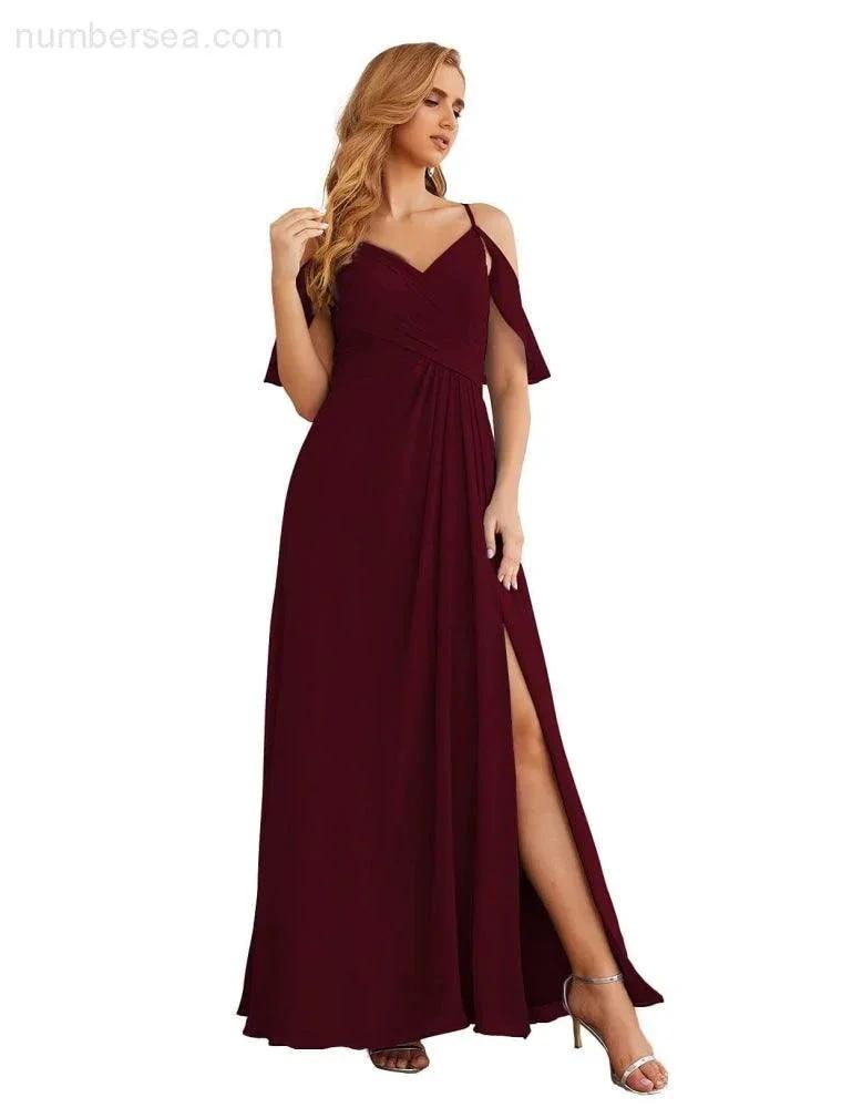 Numbersea Chiffon Cold Shoulder Long Bridesmaid Dresses Plus Size Formal Prom Gowns for Women Party Wedding  SEA28070
