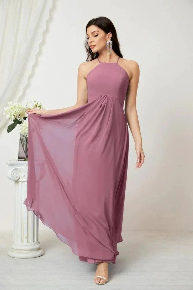 Numbersea Chiffon Halter Bridesmaid Dresses Long A-Line Formal Evening Dress 2805