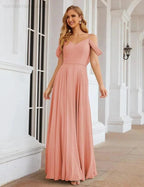 Numbersea Cold Shoulder Chiffon Bridesmaid Dresses Long Maxi Formal Prom Gowns for Women Party  SEA28059