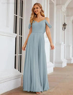 Numbersea Cold Shoulder Chiffon Bridesmaid Dresses Long Maxi Formal Prom Gowns for Women Party  SEA28059