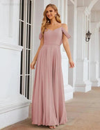 Numbersea Cold Shoulder Chiffon Bridesmaid Dresses Long Maxi Formal Prom Gowns for Women Party  SEA28059