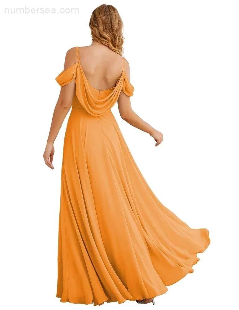 Numbersea Cold Shoulder Chiffon Bridesmaid Dresses Long Maxi Formal Prom Gowns for Women Party  SEA28059