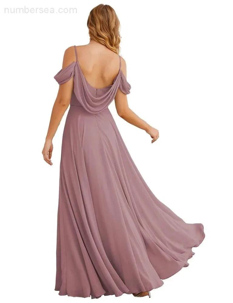 Numbersea Cold Shoulder Chiffon Bridesmaid Dresses Long Maxi Formal Prom Gowns for Women Party  SEA28059