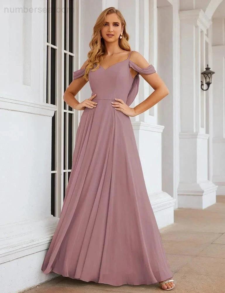 Numbersea Cold Shoulder Chiffon Bridesmaid Dresses Long Maxi Formal Prom Gowns for Women Party  SEA28059