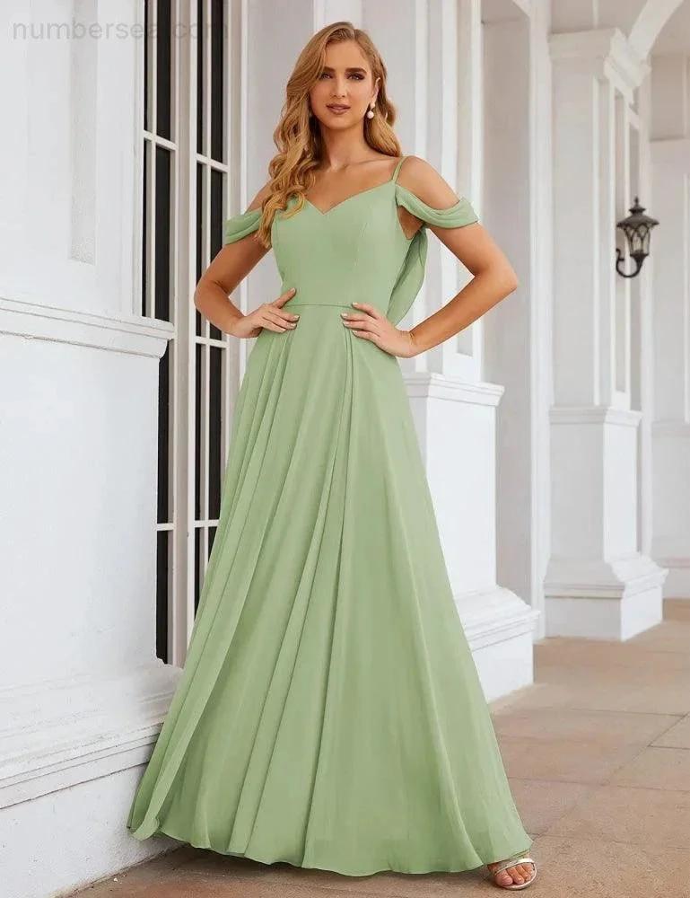 Numbersea Cold Shoulder Chiffon Bridesmaid Dresses Long Maxi Formal Prom Gowns for Women Party  SEA28059