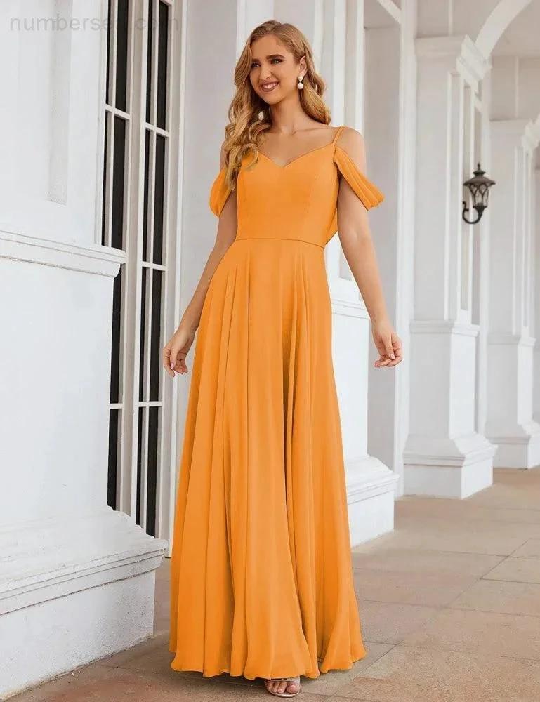 Numbersea Cold Shoulder Chiffon Bridesmaid Dresses Long Maxi Formal Prom Gowns for Women Party  SEA28059
