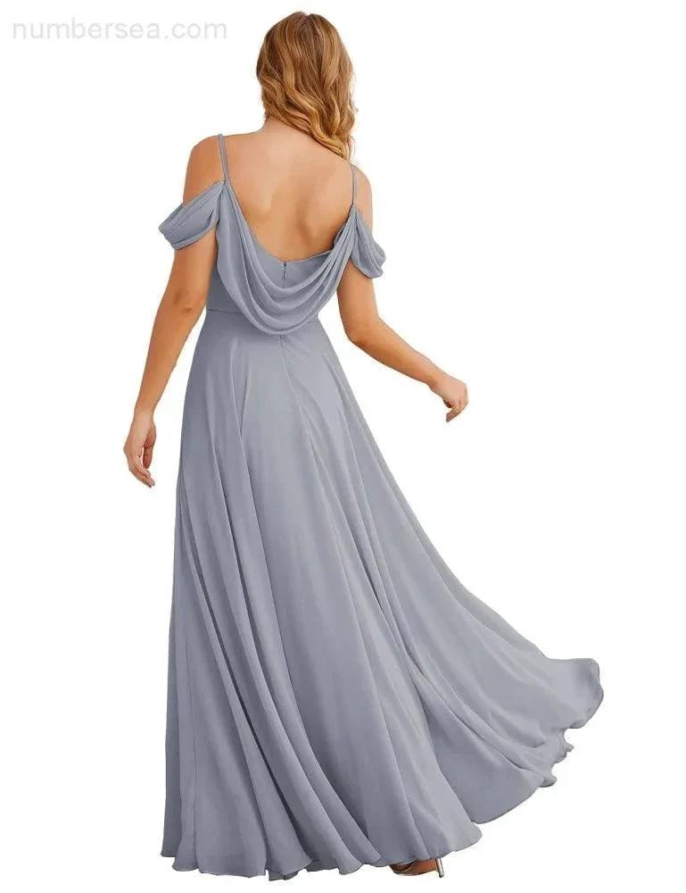 Numbersea Cold Shoulder Chiffon Bridesmaid Dresses Long Maxi Formal Prom Gowns for Women Party  SEA28059