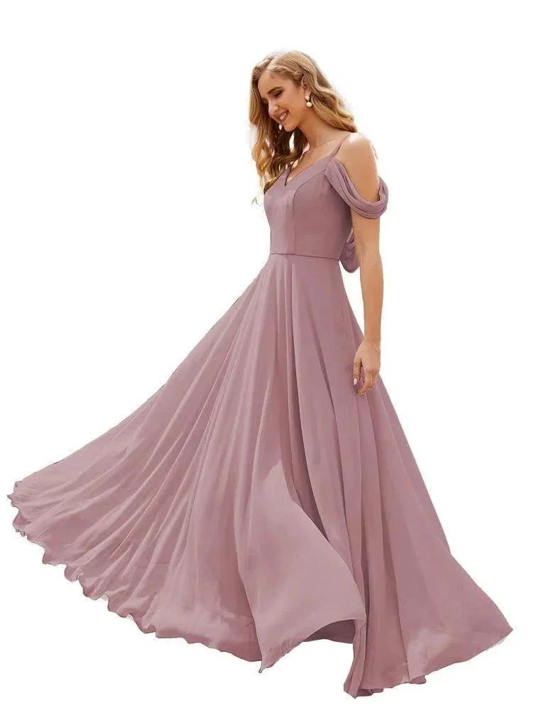 Numbersea Cold Shoulder Chiffon Bridesmaid Dresses Long Maxi Formal Prom Gowns for Women Party  SEA28059