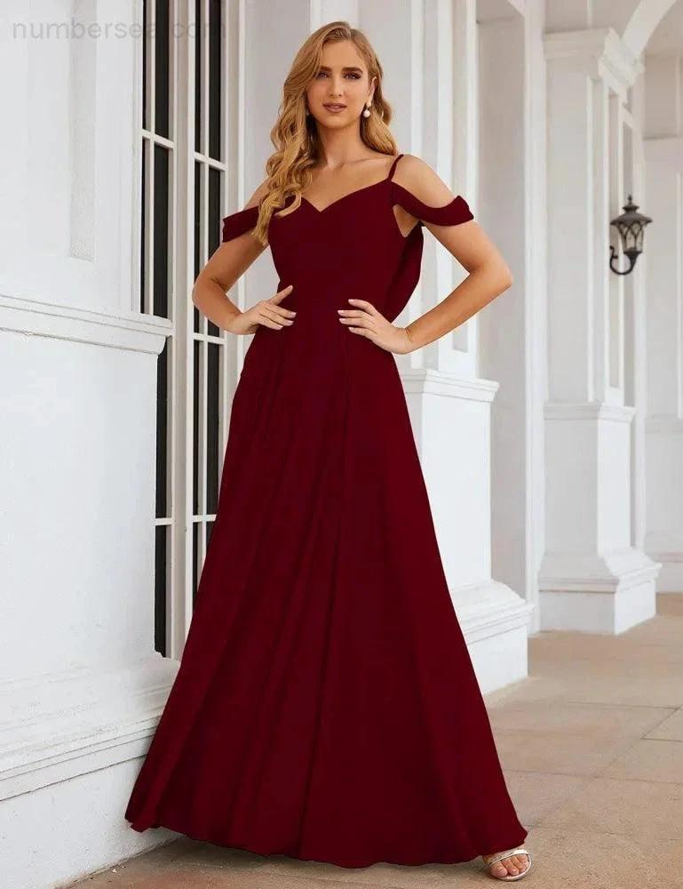 Numbersea Cold Shoulder Chiffon Bridesmaid Dresses Long Maxi Formal Prom Gowns for Women Party  SEA28059