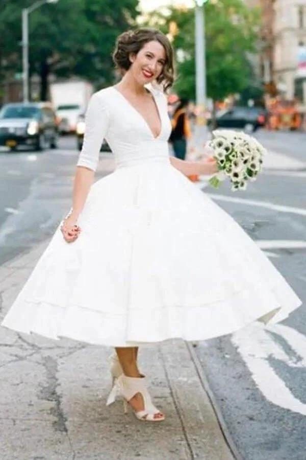 Modest A-line V-neck Half Sleeves Tea Length Taffeta Wedding Dresses, MW531