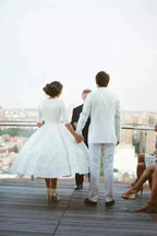 Modest A-line V-neck Half Sleeves Tea Length Taffeta Wedding Dresses, MW531