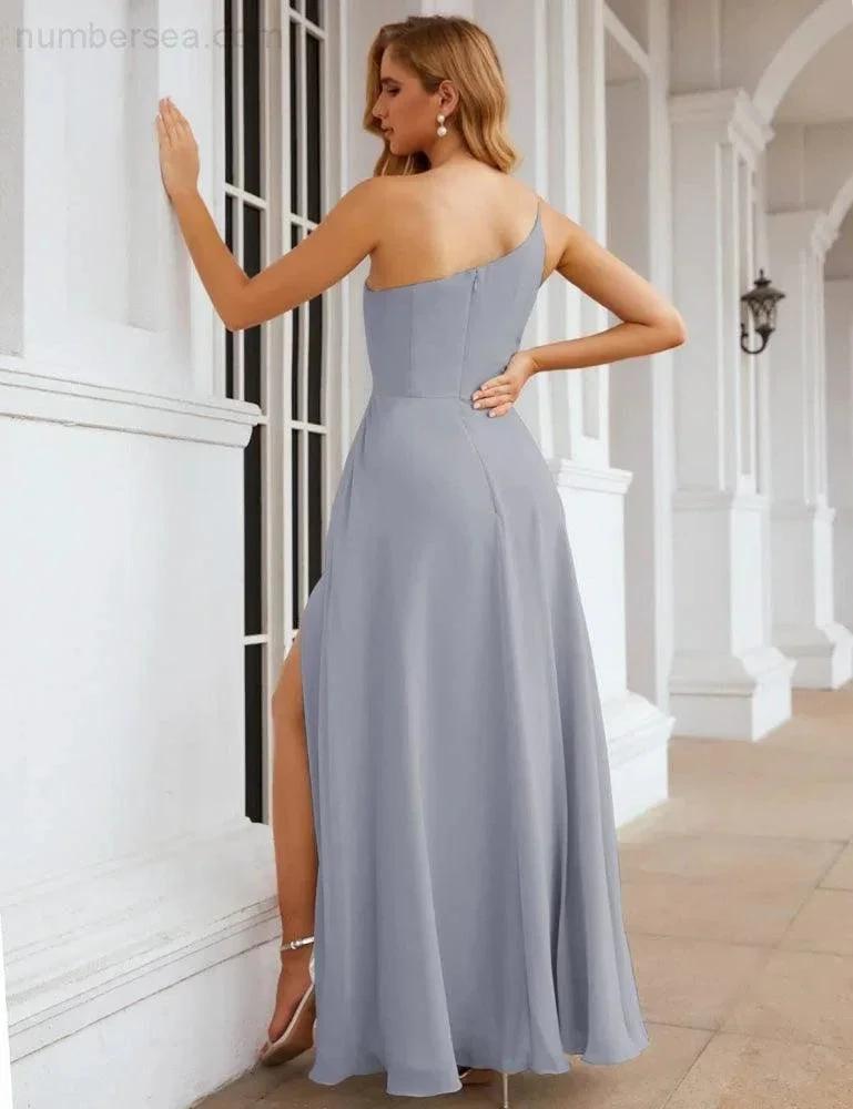 Numbersea One Shoulder Chiffon Bridesmaid Dresses Long Formal Homecoming Prom Gowns for Women Party Wedding Evening SEA28052