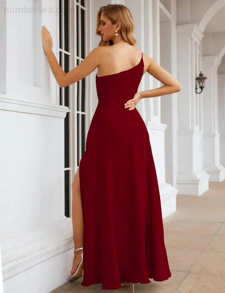 Numbersea One Shoulder Chiffon Bridesmaid Dresses Long Formal Homecoming Prom Gowns for Women Party Wedding Evening SEA28052
