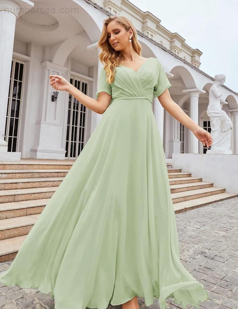 Numbersea Wrap V-Neck Chiffon Bridesmaid Dresses Long Formal Maxi Evening Gown for Wedding Guests  SEA28049