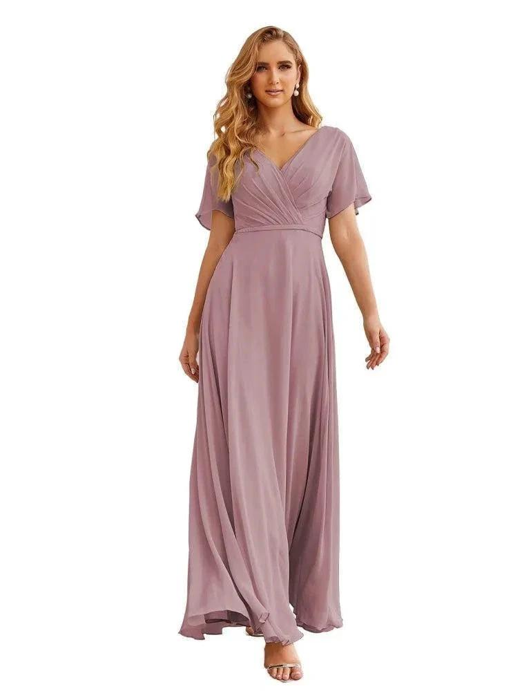 Numbersea Wrap V-Neck Chiffon Bridesmaid Dresses Long Formal Maxi Evening Gown for Wedding Guests  SEA28049