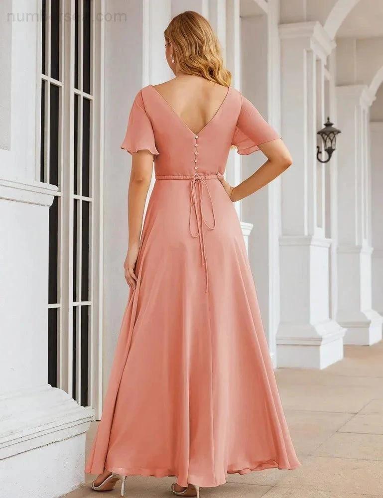 Numbersea Wrap V-Neck Chiffon Bridesmaid Dresses Long Formal Maxi Evening Gown for Wedding Guests  SEA28049