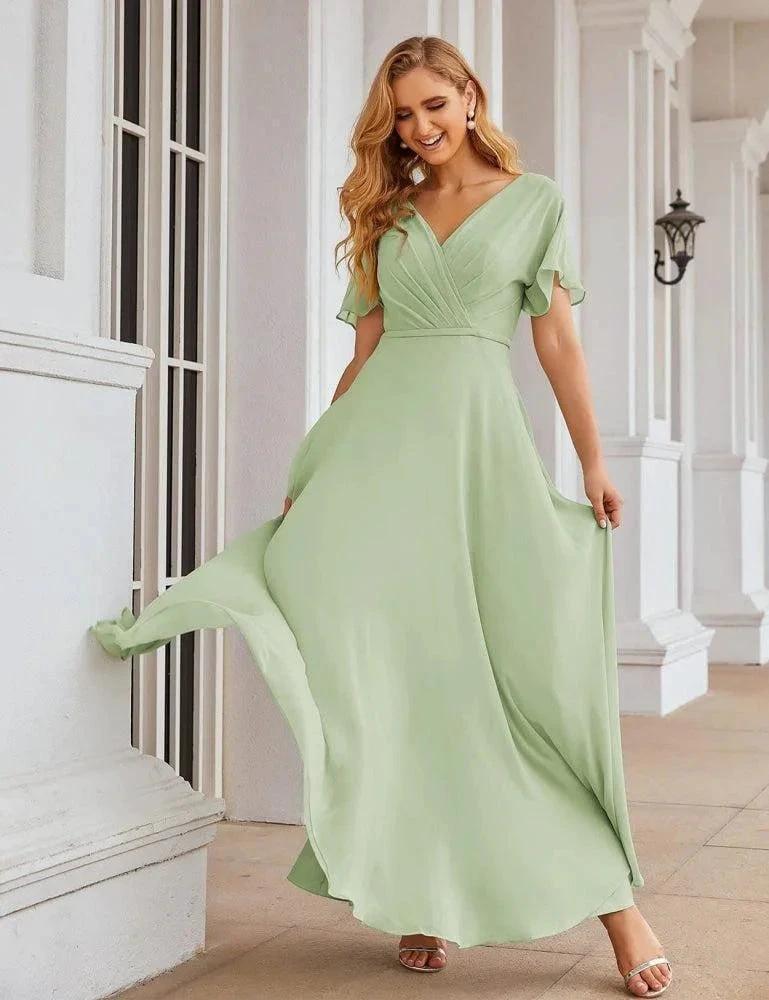 Numbersea Wrap V-Neck Chiffon Bridesmaid Dresses Long Formal Maxi Evening Gown for Wedding Guests  SEA28049