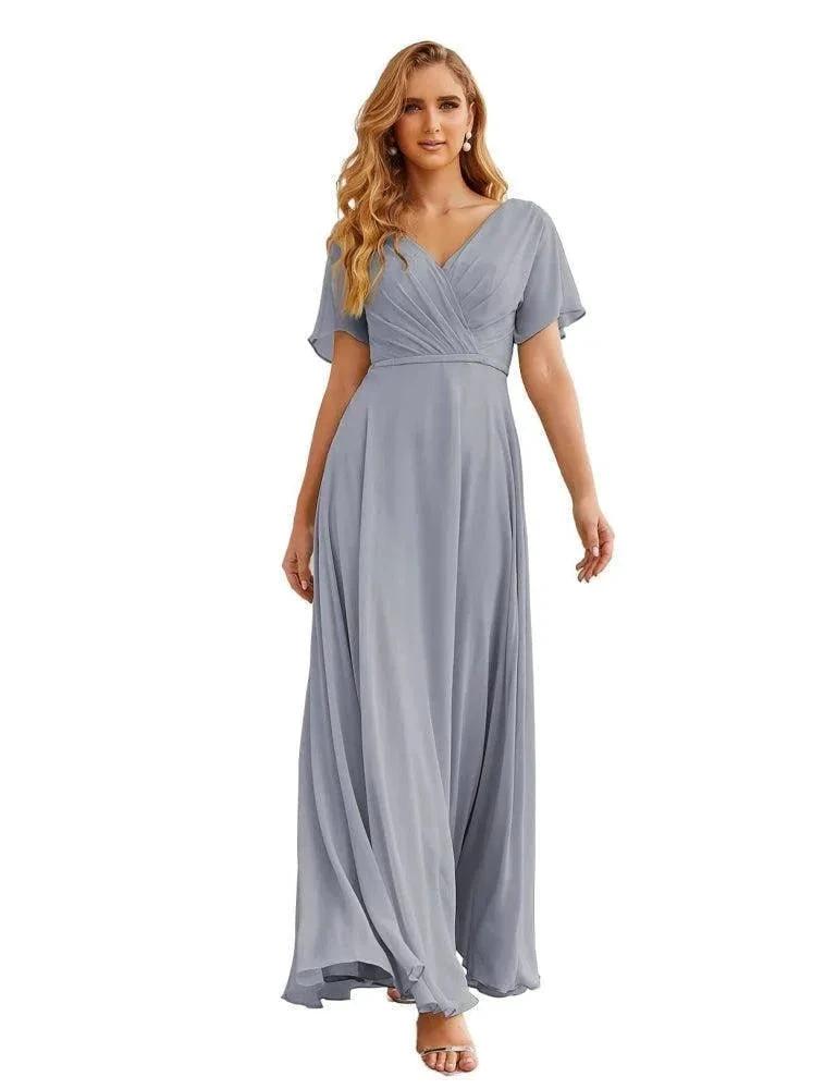 Numbersea Wrap V-Neck Chiffon Bridesmaid Dresses Long Formal Maxi Evening Gown for Wedding Guests  SEA28049