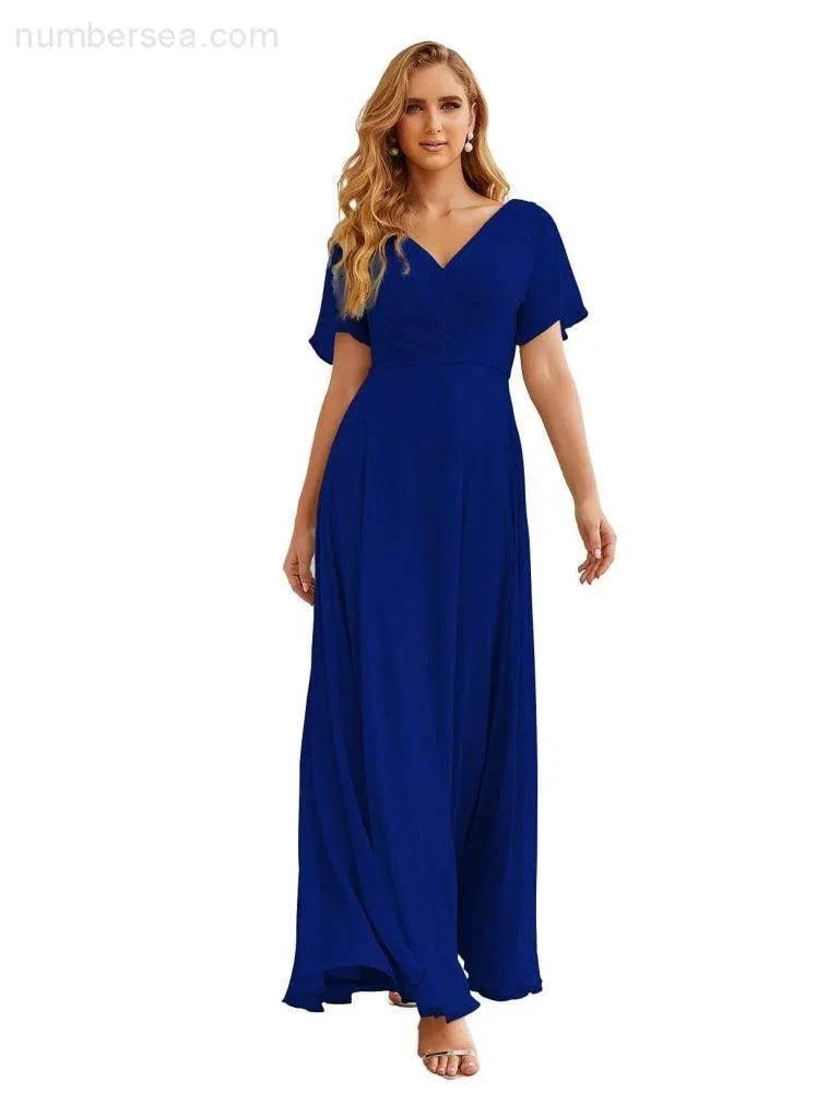 Numbersea Wrap V-Neck Chiffon Bridesmaid Dresses Long Formal Maxi Evening Gown for Wedding Guests  SEA28049
