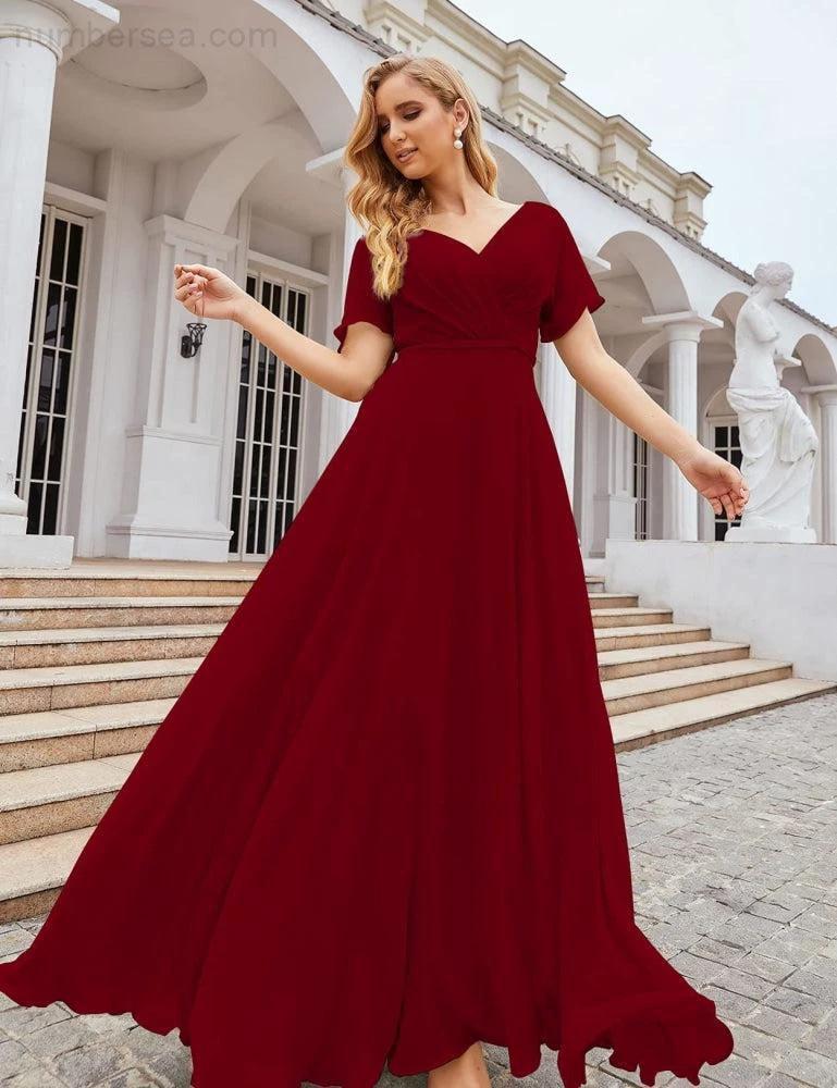 Numbersea Wrap V-Neck Chiffon Bridesmaid Dresses Long Formal Maxi Evening Gown for Wedding Guests  SEA28049