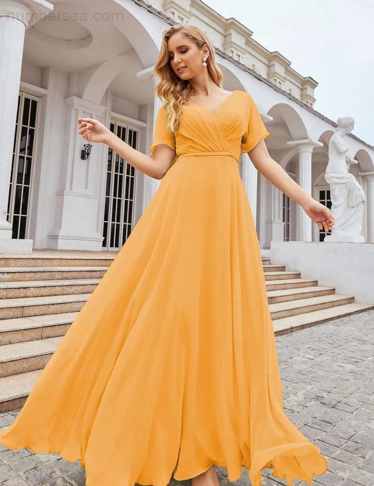 Numbersea Wrap V-Neck Chiffon Bridesmaid Dresses Long Formal Maxi Evening Gown for Wedding Guests  SEA28049