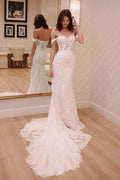 Off Shoulder Court Train Chiffon Wedding Dress with Lace Appliques WD220