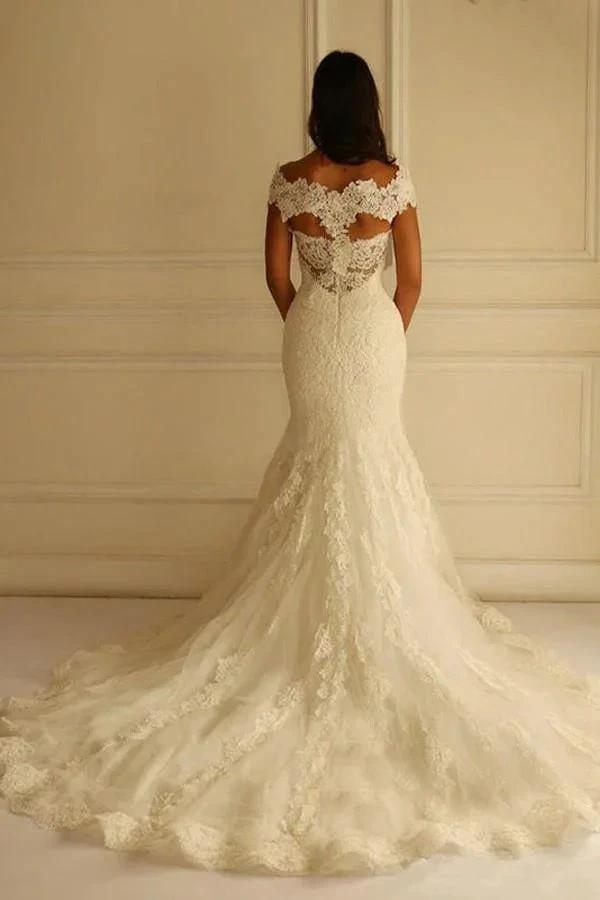 Off Shoulder Court Train Short Sleeves Mermaid Lace Wedding Dress WD104