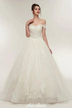 Off-shoulder Sweetheart A-line Lace-up Floor Length Lace Appliques Wedding Dresses