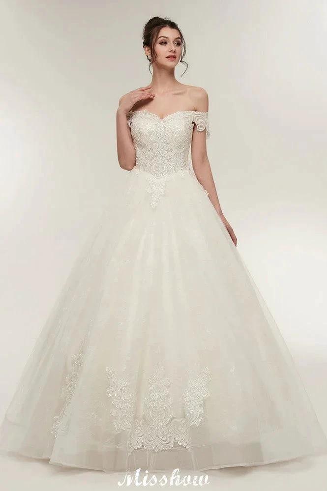 Off-shoulder Sweetheart A-line Lace-up Floor Length Lace Appliques Wedding Dresses