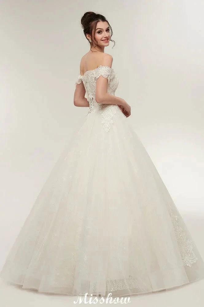 Off-shoulder Sweetheart A-line Lace-up Floor Length Lace Appliques Wedding Dresses