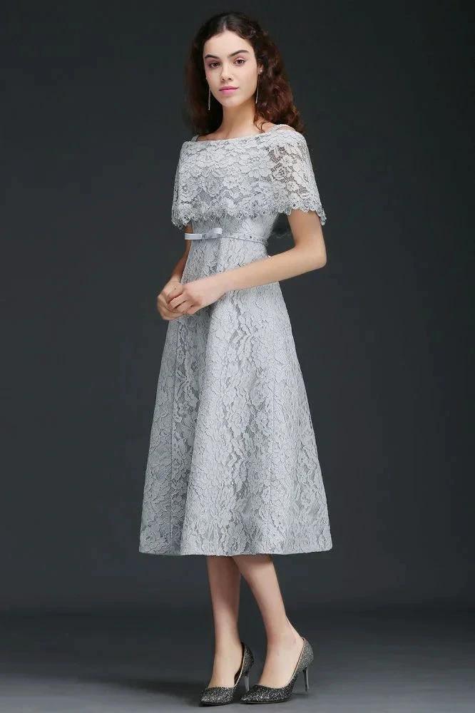 Off Shoulder Tea-Length A Line Lace Homecoming Dresses