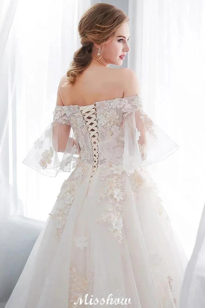 Off-the-shoulder Aline Ball Gown Floor Length Appliques Tulle Wedding Dress