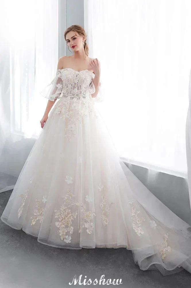 Off-the-shoulder Aline Ball Gown Floor Length Appliques Tulle Wedding Dress